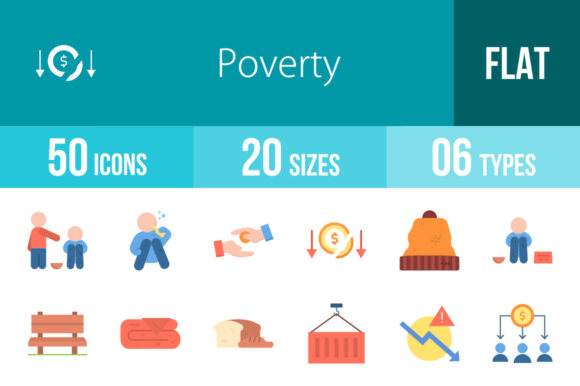 50 Poverty Flat Icons: Graphics for Editors